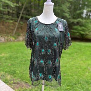 Vijiv Sequined Overlay Top Gatsby Peacock Emerald Green NWT - L